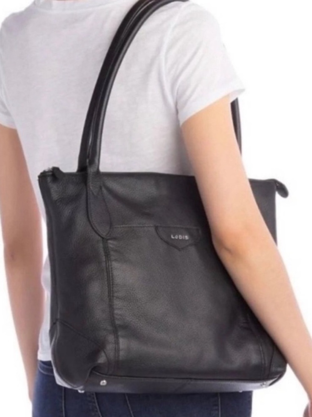 LODIS Black Pebbled Leather Zip Close Pass Through Luggage Slot Travel Tote.